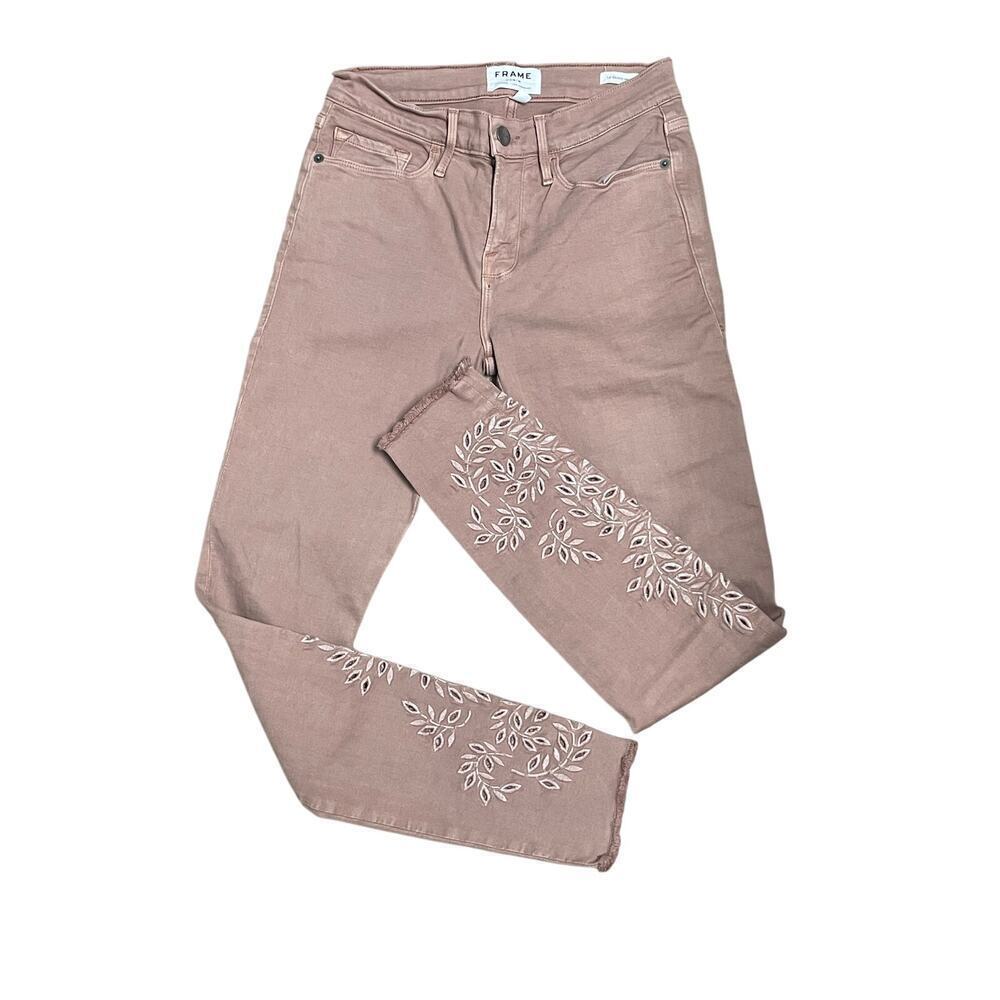 Frame Denim Le Skinny De Jeanne Pink Floral Cut Out Embroidery Size 26